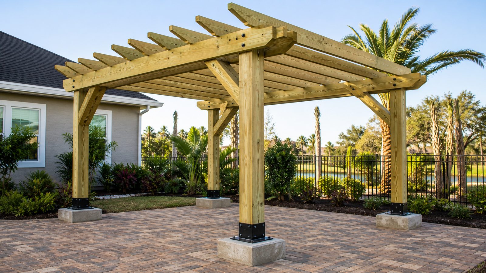 Free-standing pressure-treated pergola on concrete piers beside a Florida paver patio