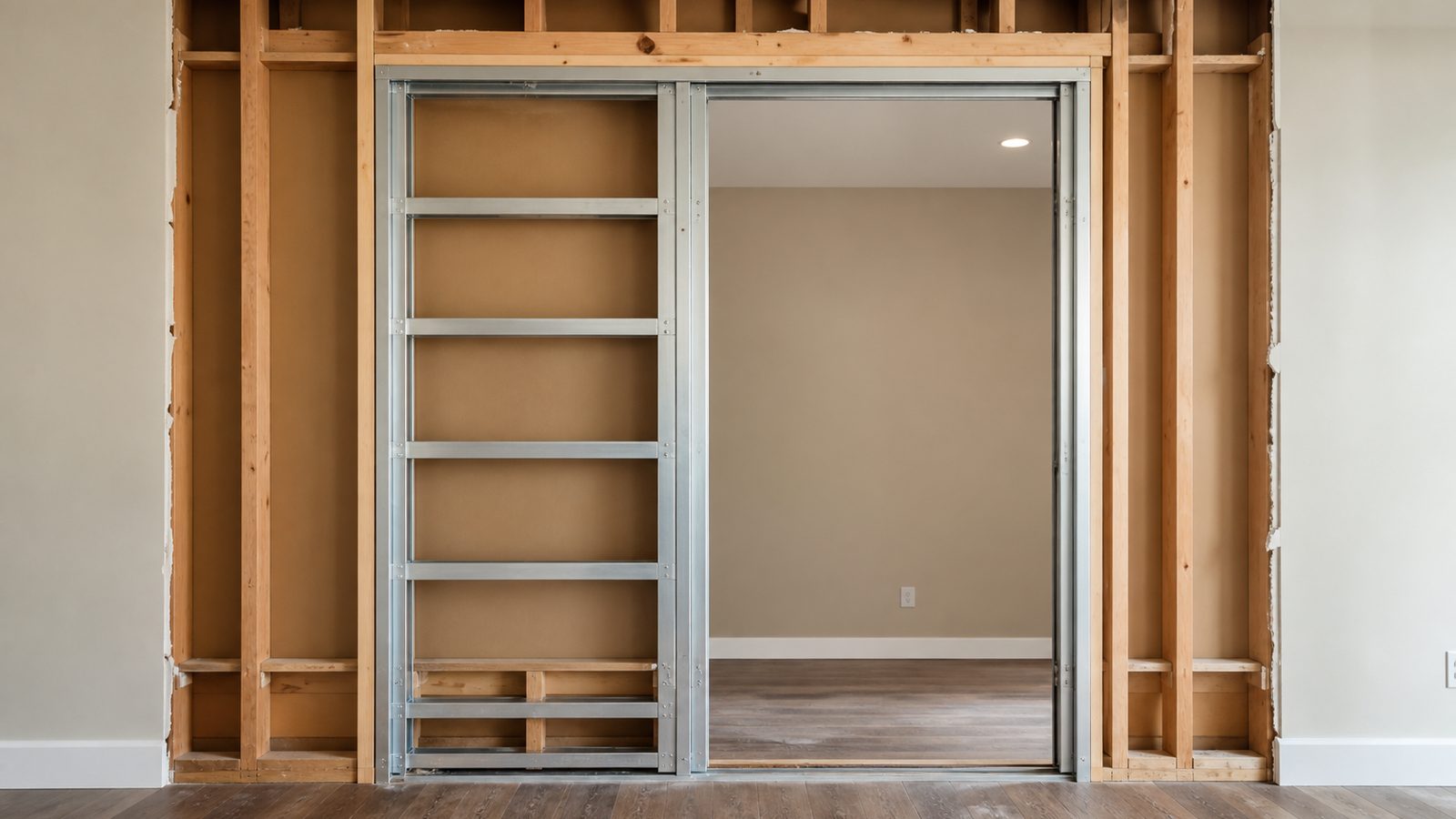 Metal pocket-door split-stud frame installed in an open interior wall