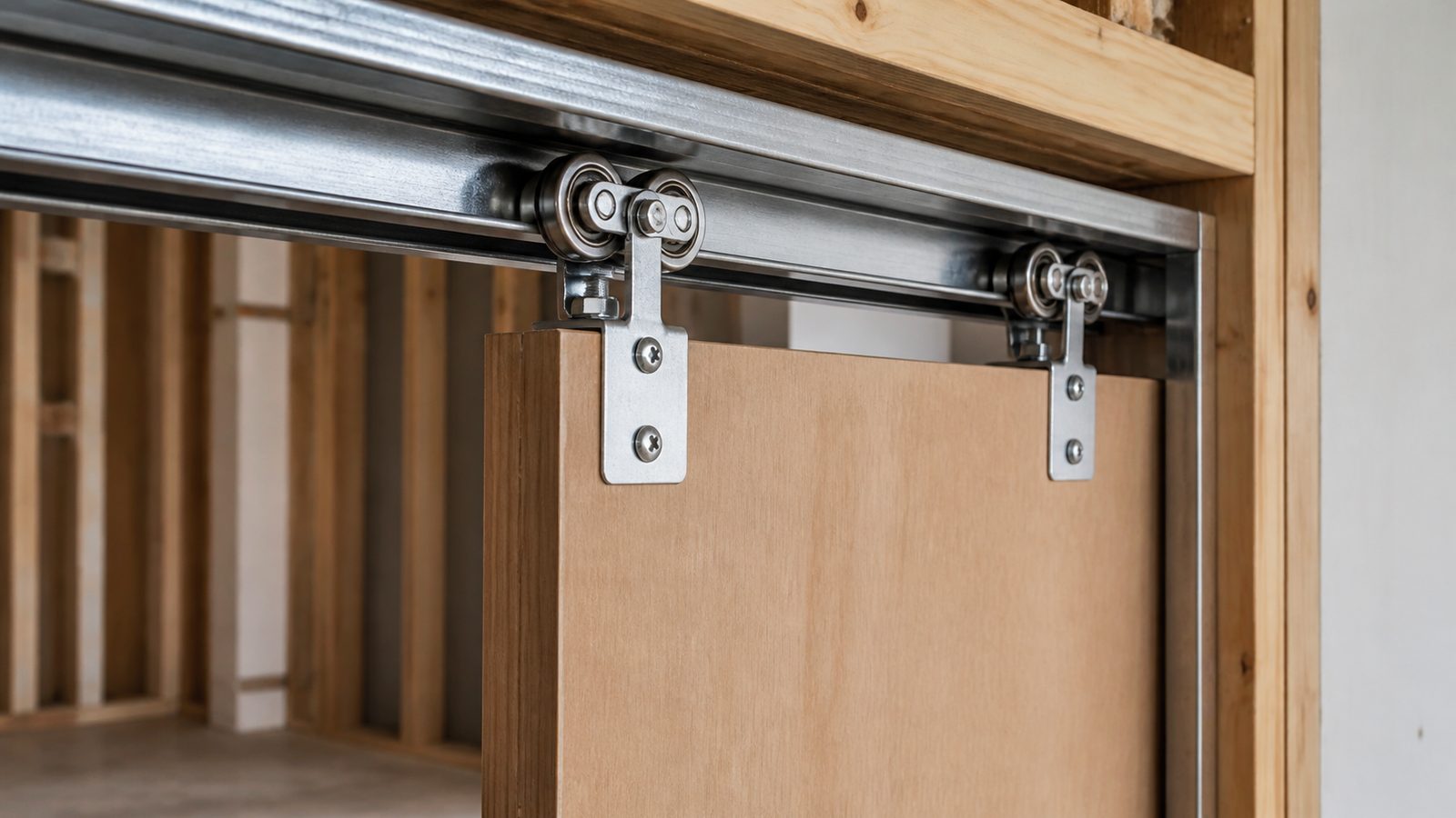 Pocket-door top track and roller hangers attached to the upper edge of a wood door