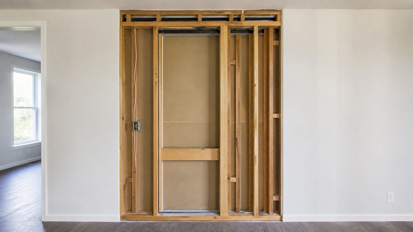 Interior wall opened for pocket-door inspection with exposed framing and a utility route visible at the edge