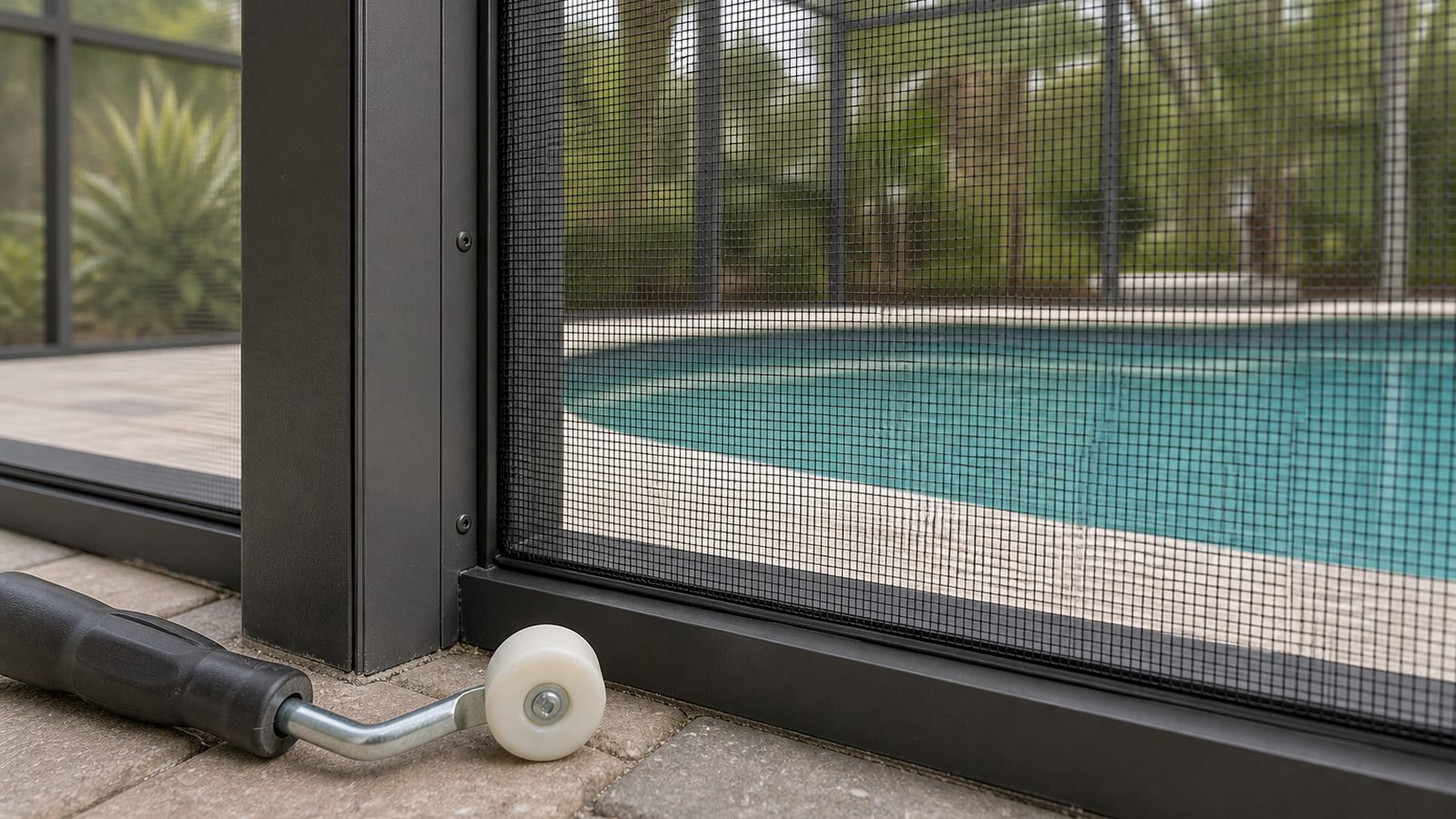 Black pool-cage screen mesh tensioned in an aluminum frame with spline seated in the groove