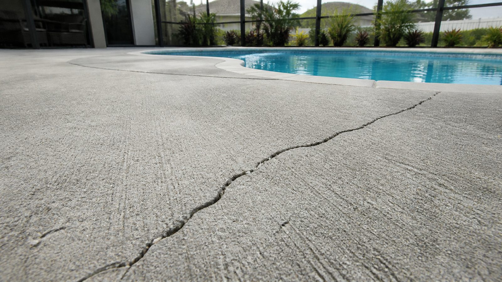 Broom-finished concrete pool deck with a visible diagonal crack beside a Florida residential pool