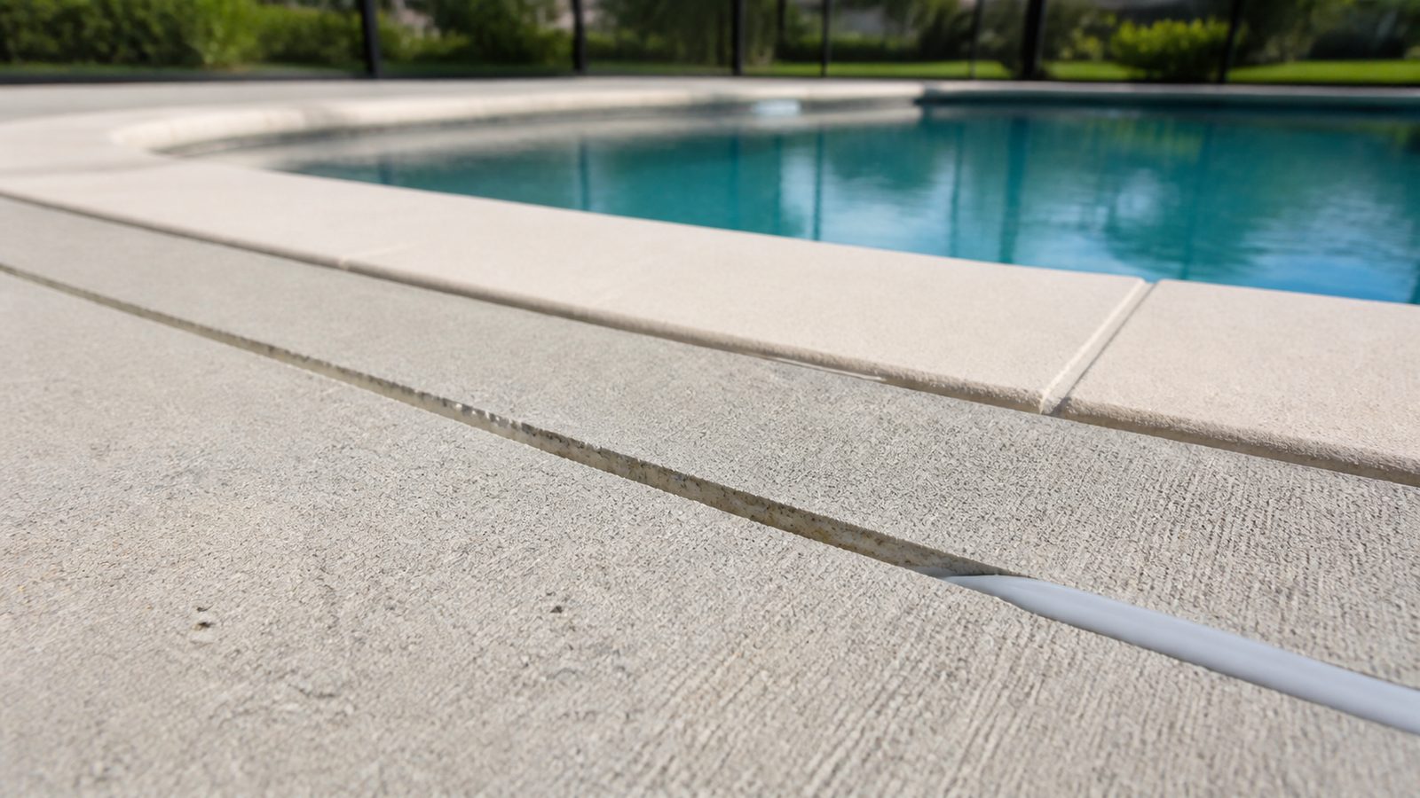 Concrete pool-deck crack cleanly V-grooved and prepared for flexible filler