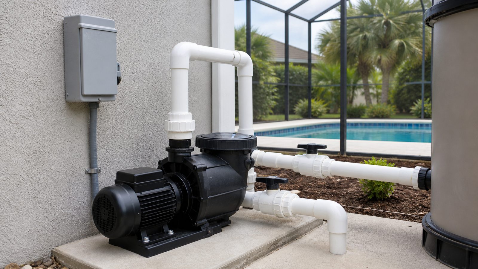 Generic pool pump on a clean Florida equipment pad with PVC unions and closed disconnect enclosure