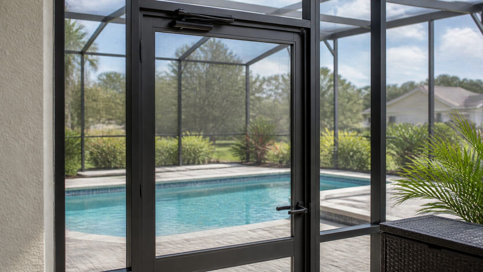 Closed pool-screen enclosure door with closer, latch, aligned hinges, and taut mesh