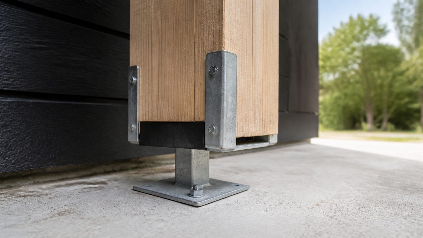 Galvanized raised post base holding a new porch column above a concrete slab