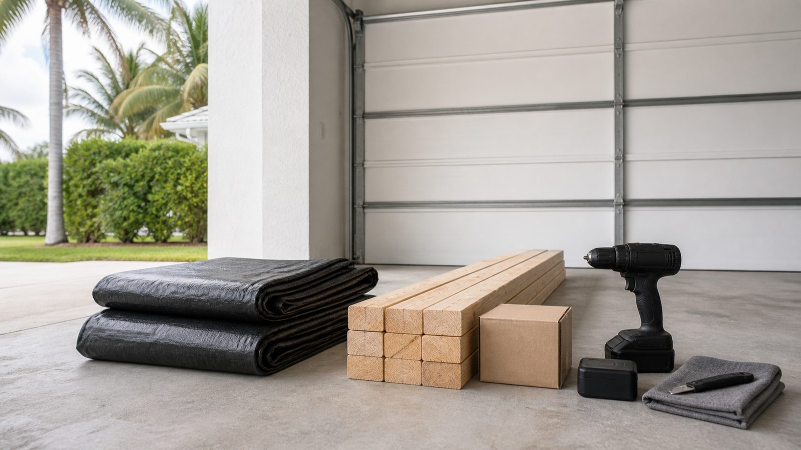 Folded roof tarps, lumber, fasteners, drill, and utility knife staged in a garage