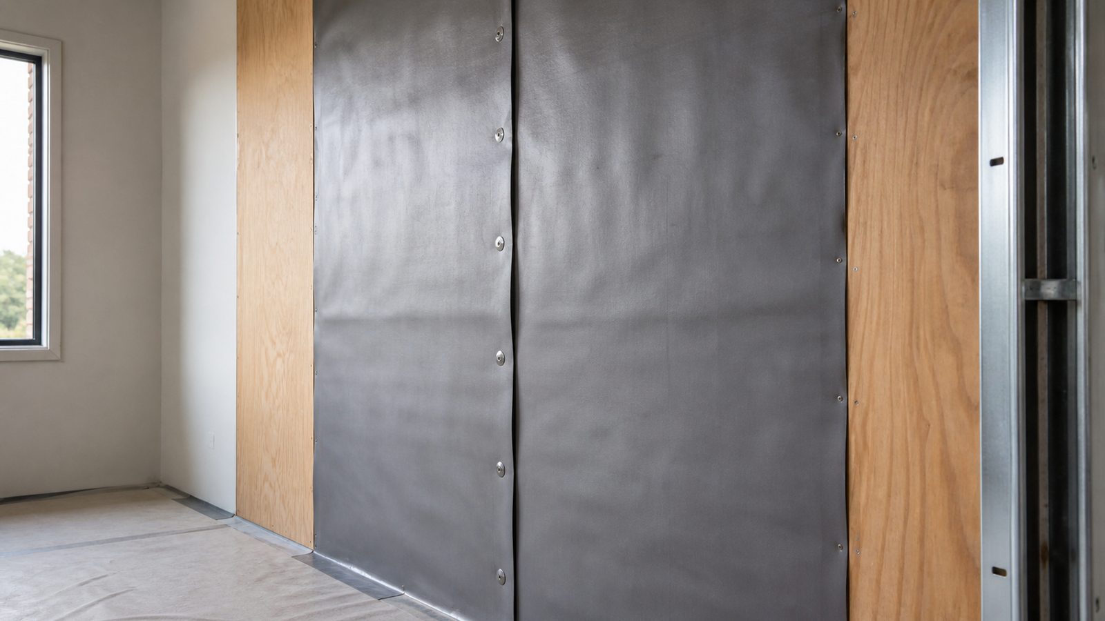 Flexible sheet lead shielding with an overlapped seam on an unfinished radiology wall