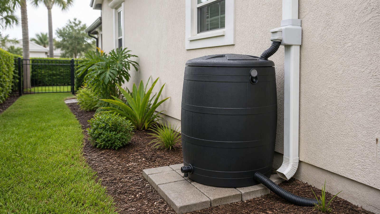 Downspout diverter and rain barrel connected to a stable paver base