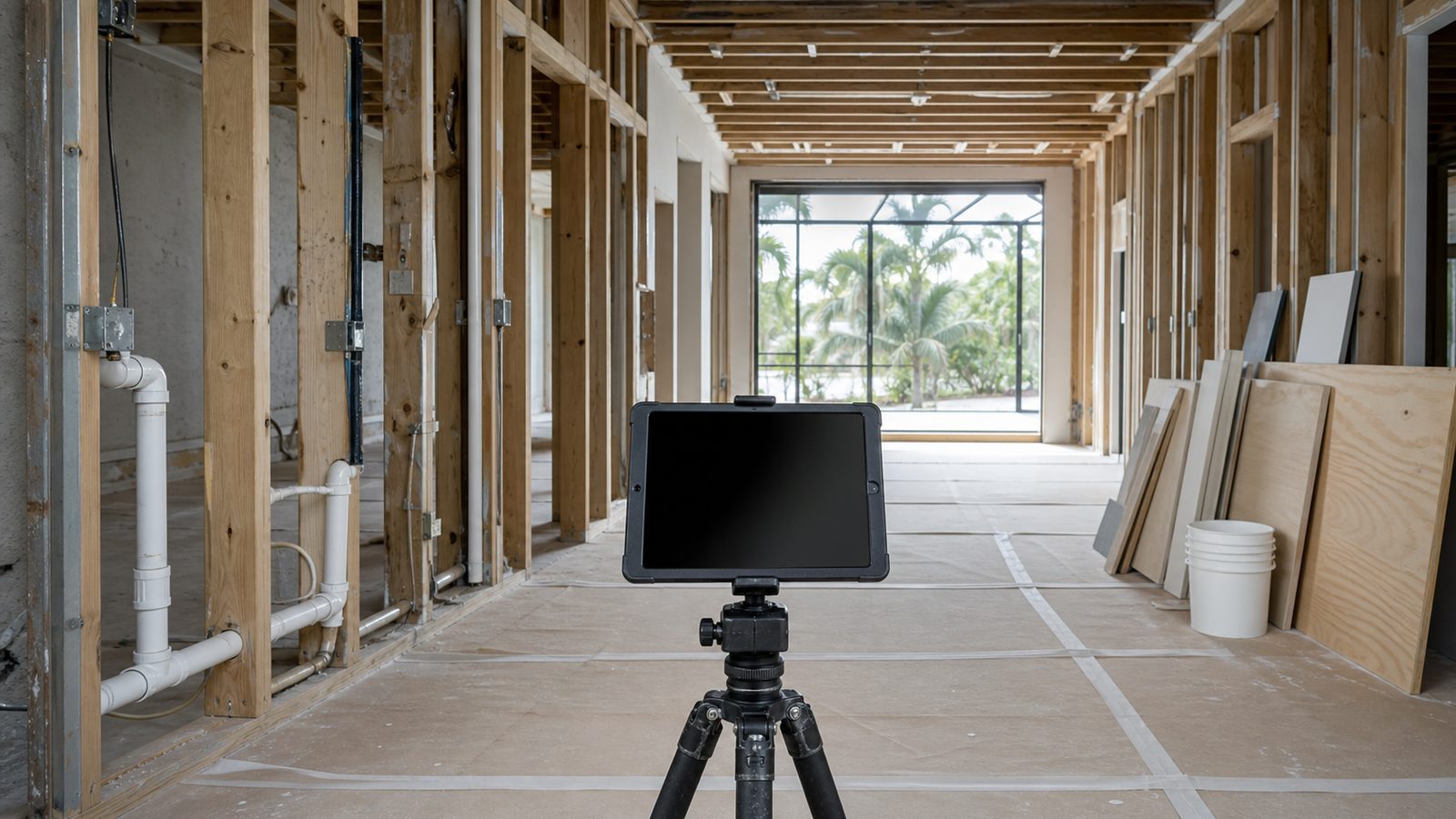 Dark tablet on a tripod facing an unoccupied framed renovation