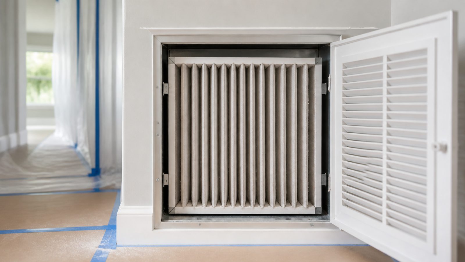 Dust-loaded return air filter beside a sealed renovation work-zone barrier