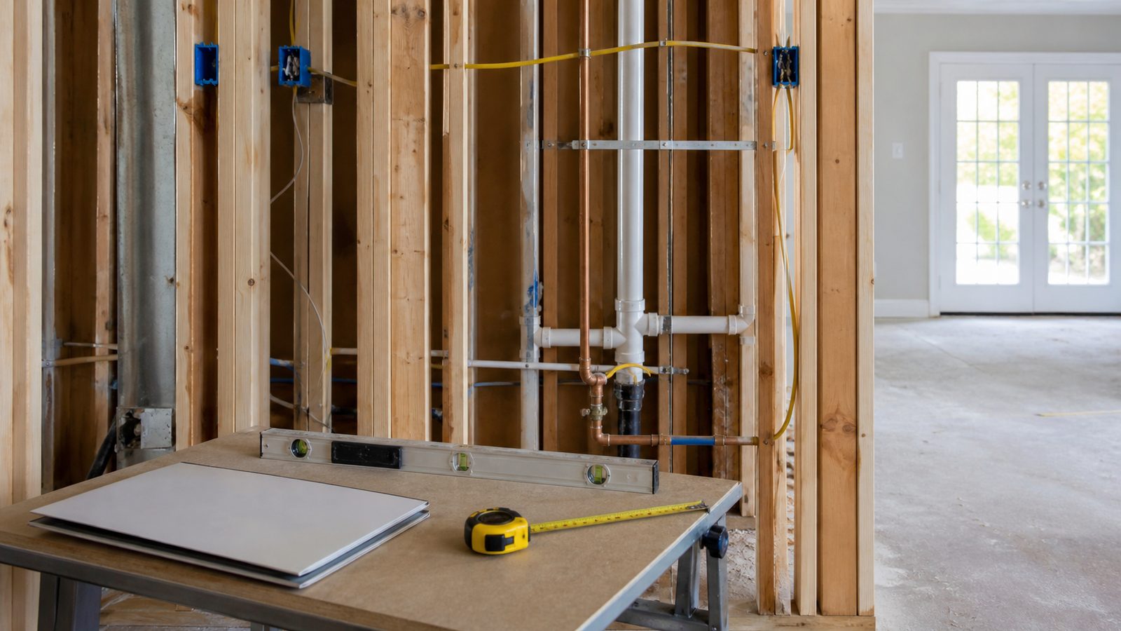 Inspection-ready framed wall with organized utilities and a blank review folder