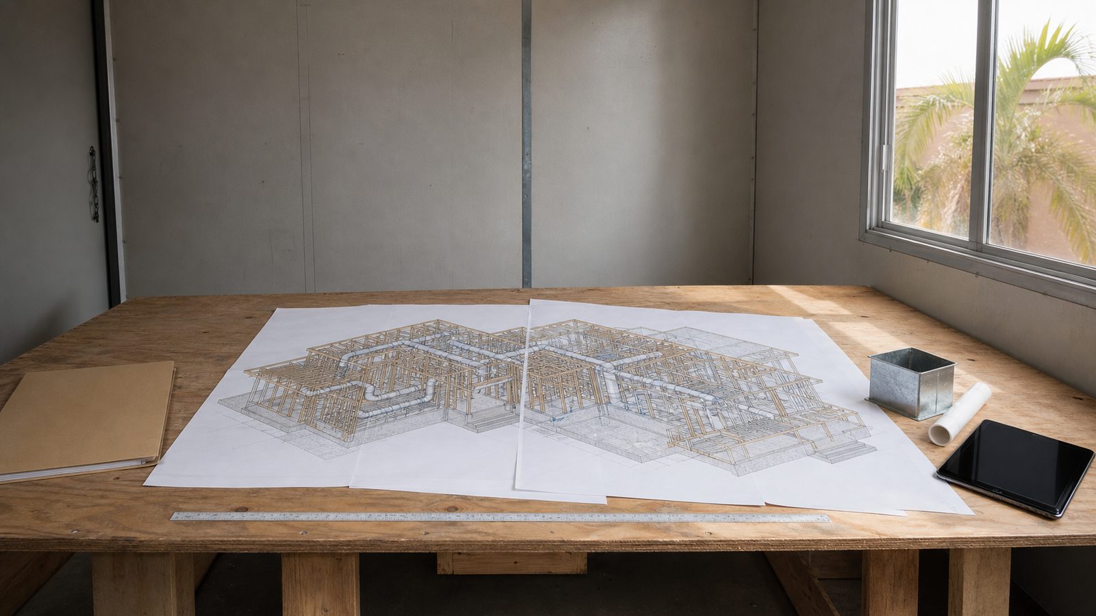 Abstract axonometric home model spread across a sunlit unoccupied coordination table