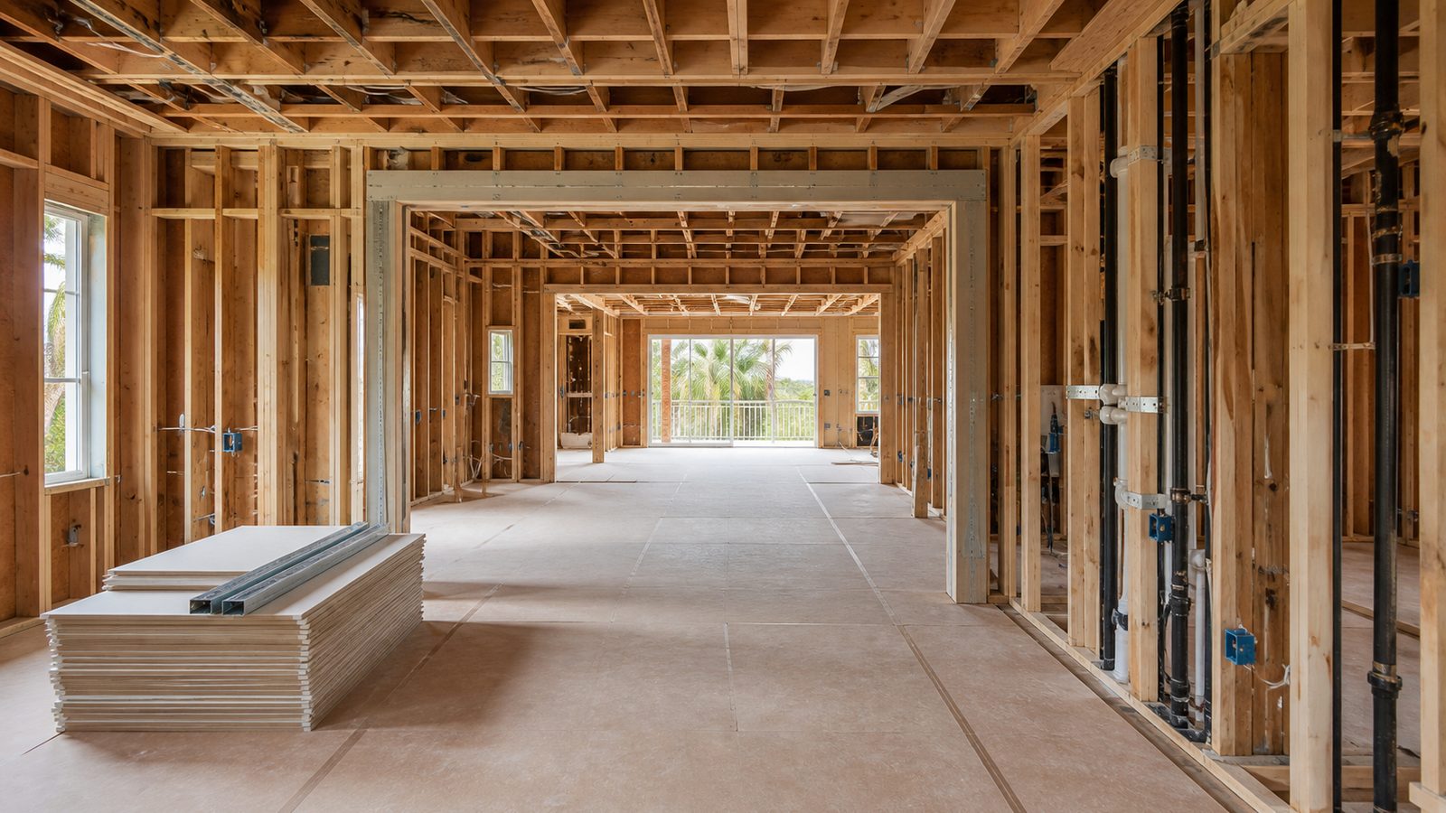 Wide unoccupied Florida home opened to framing and visible rough-ins