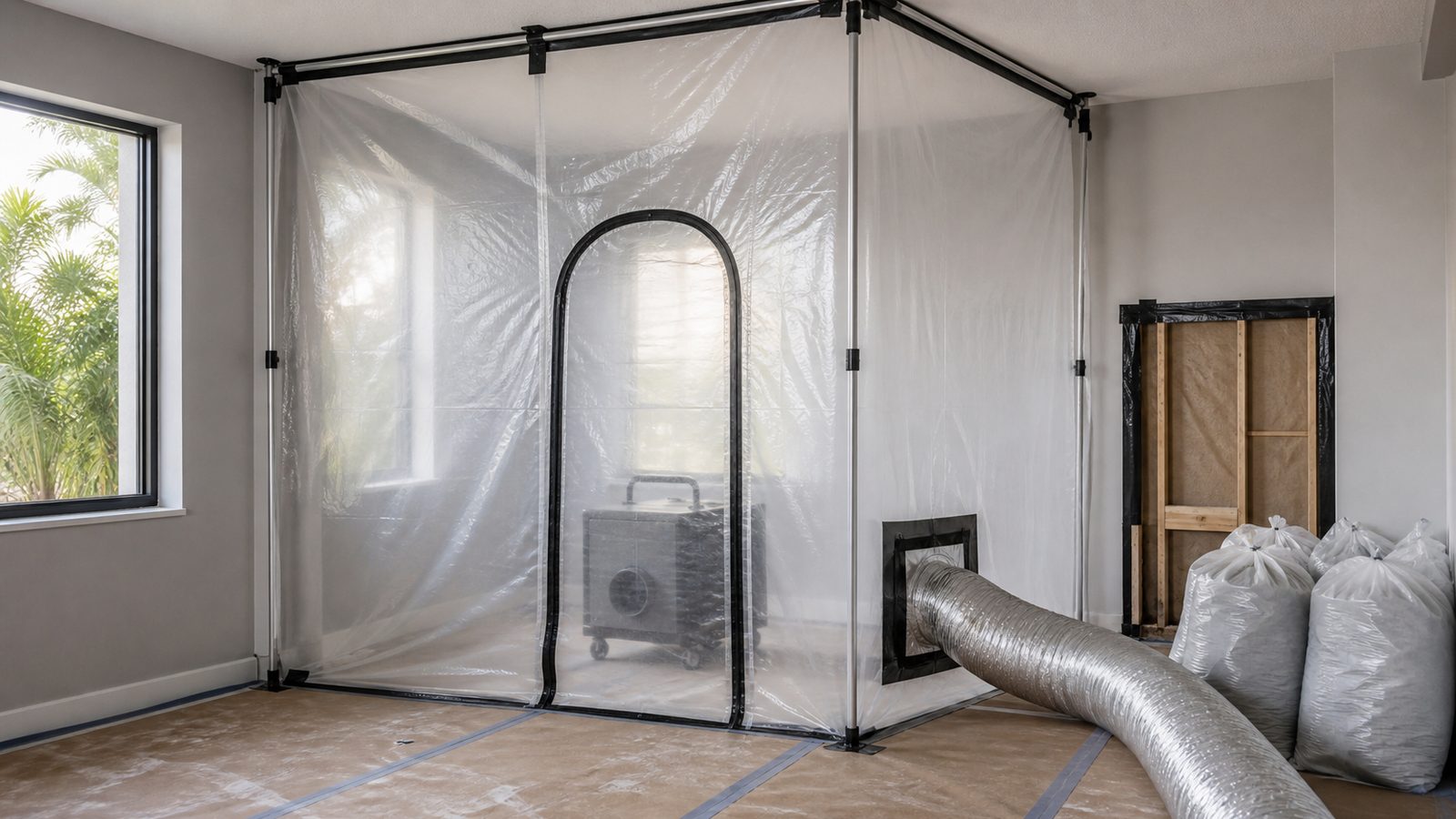 Plastic containment and negative air scrubber in an empty residential room