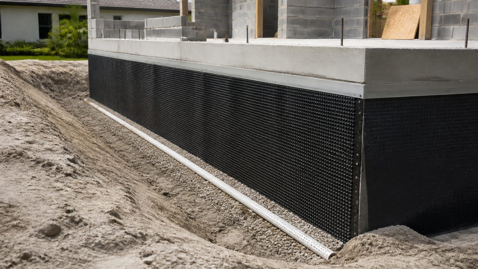 Waterproofed concrete stem wall exposed before sandy soil backfill