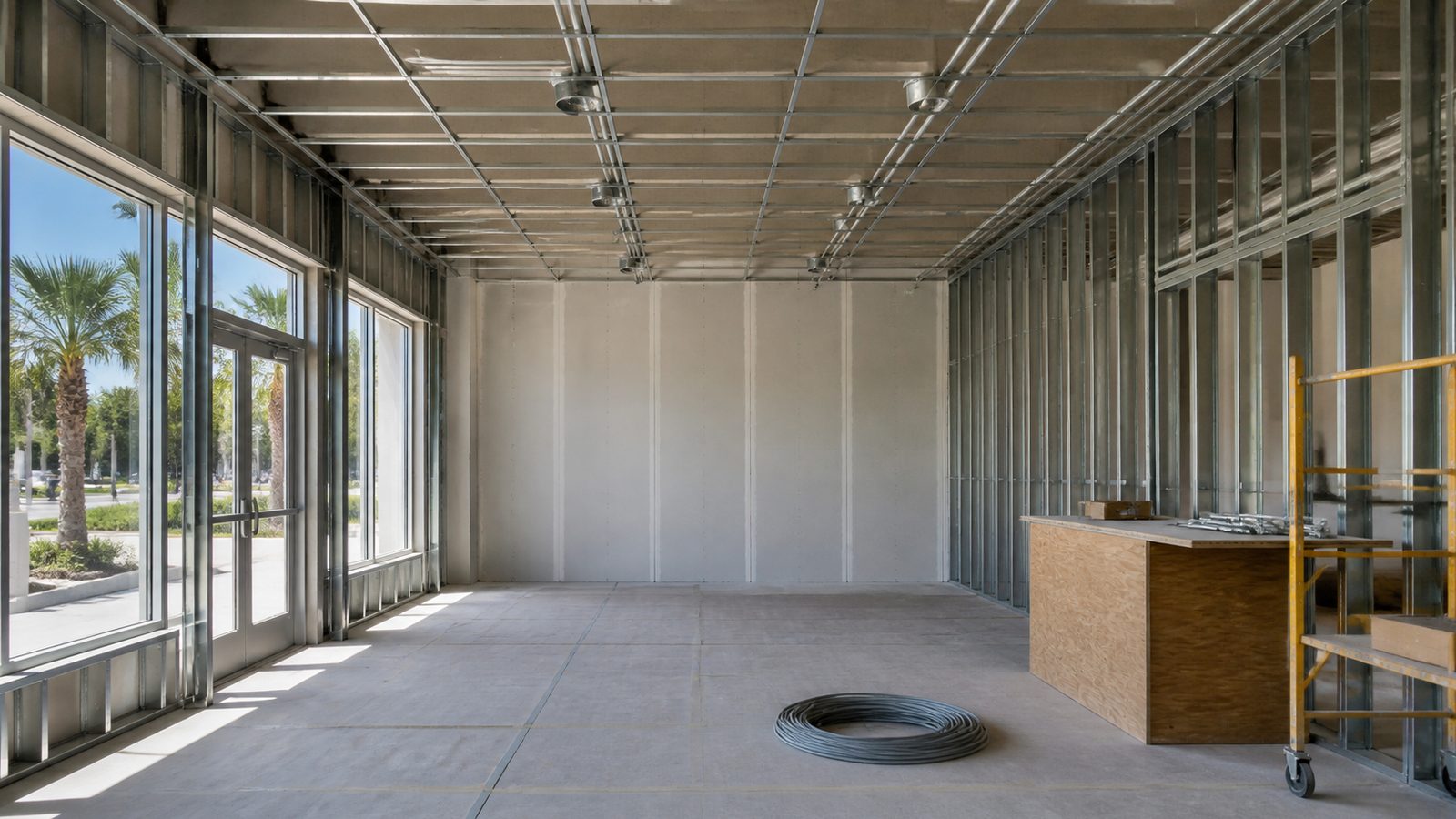 Aligned ceiling junction boxes and metal conduit above a plain display wall in an unoccupied retail fit-out