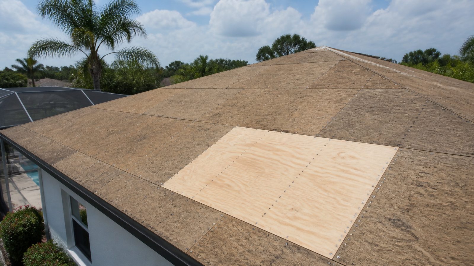 Florida hip roof deck with one fresh plywood patch among older sheathing panels