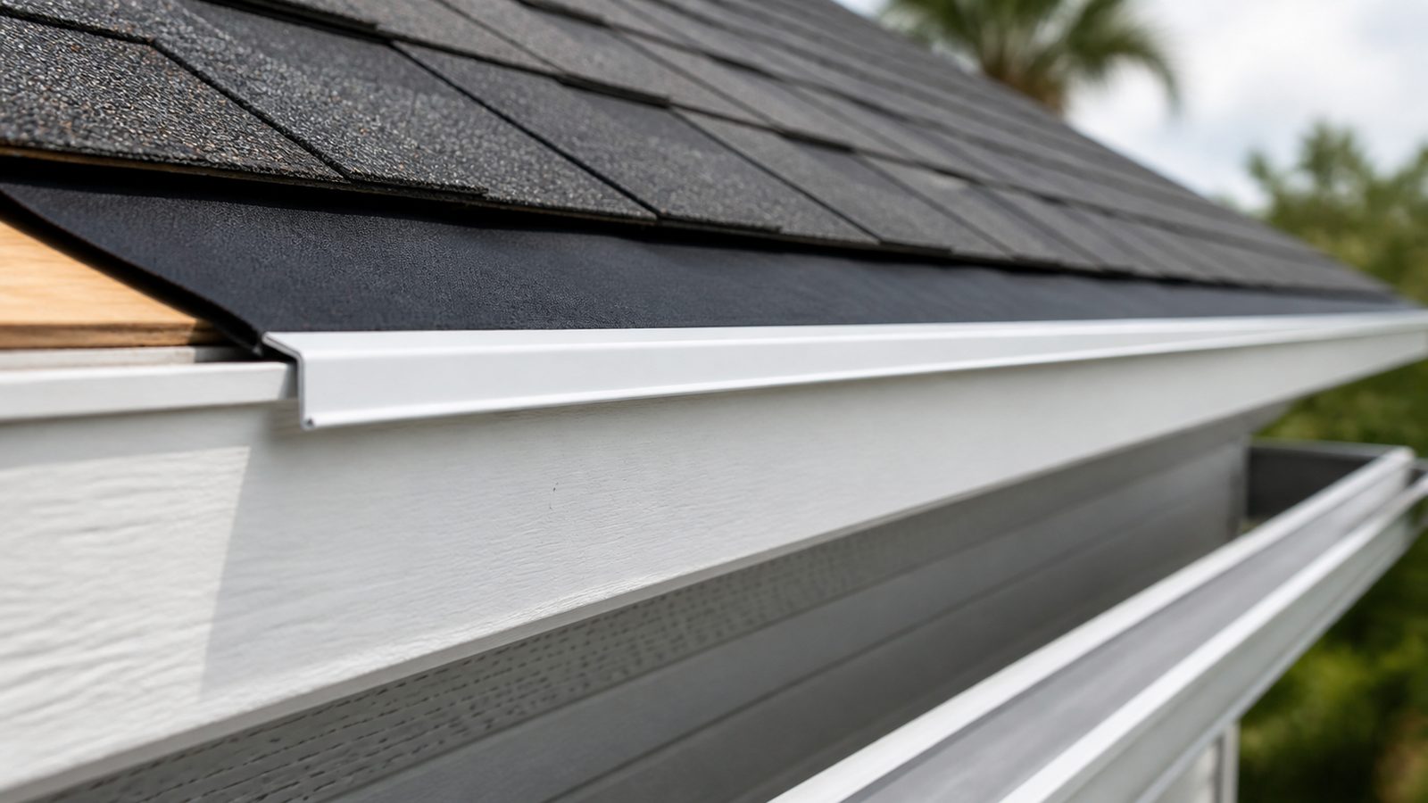 White metal drip edge beneath black underlayment and gray shingles at a roof eave