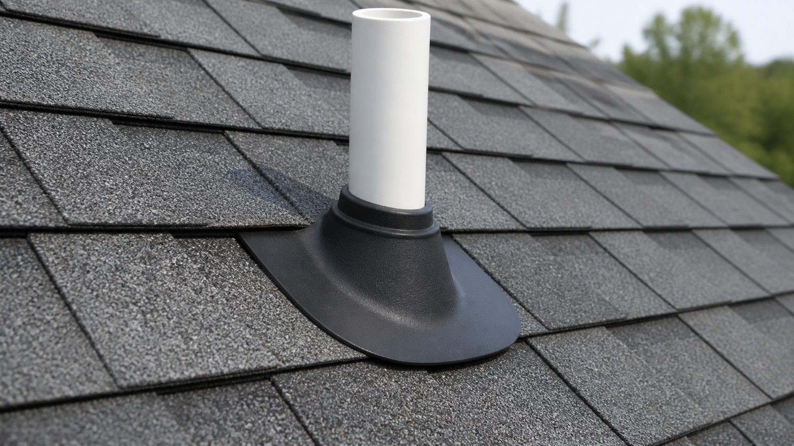 Plumbing vent passing through shingles with a clean black pipe boot and flashing flange