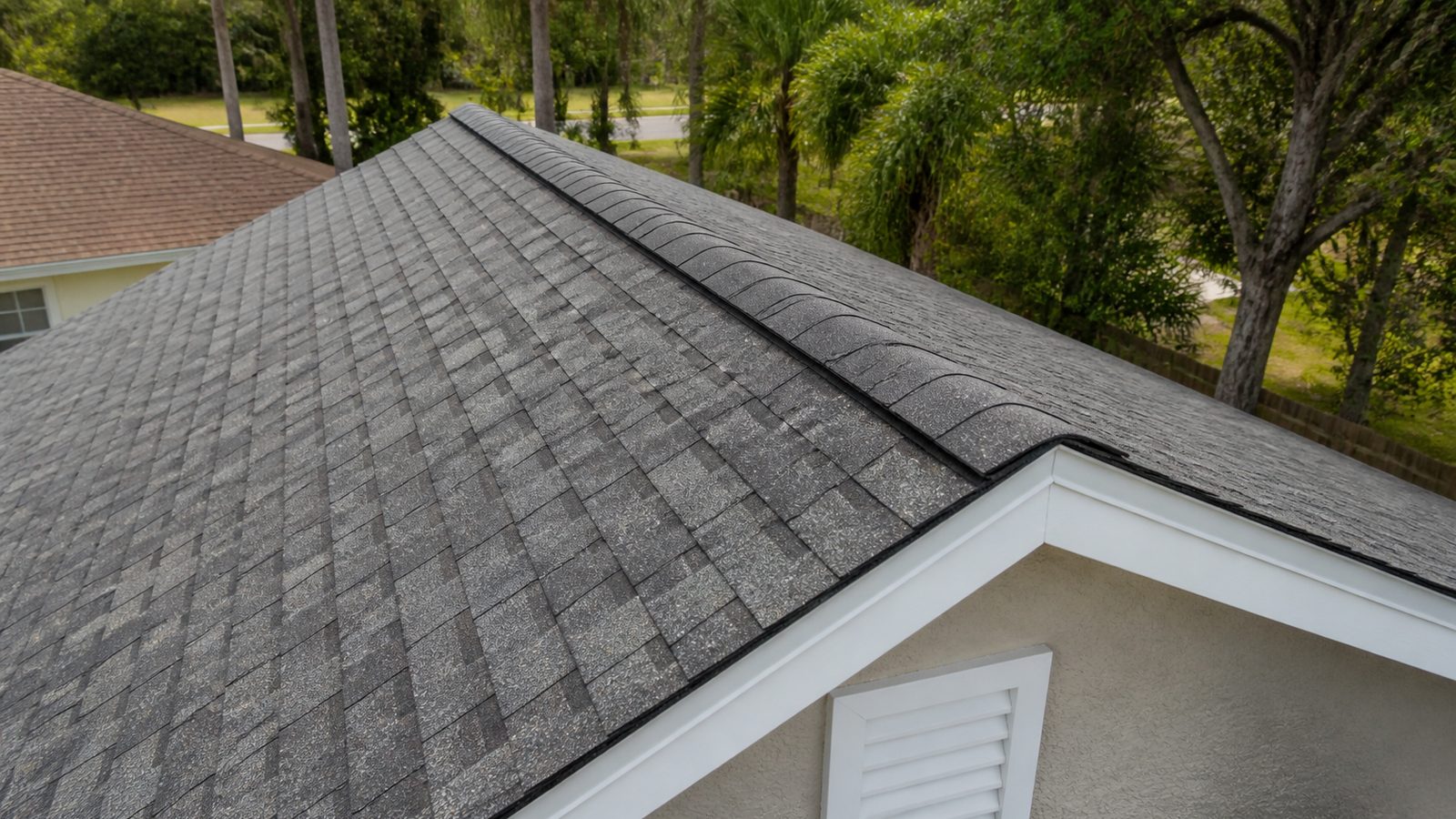 Asphalt-shingle roof ridge with a properly capped ridge vent, aligned courses, and clean roof planes