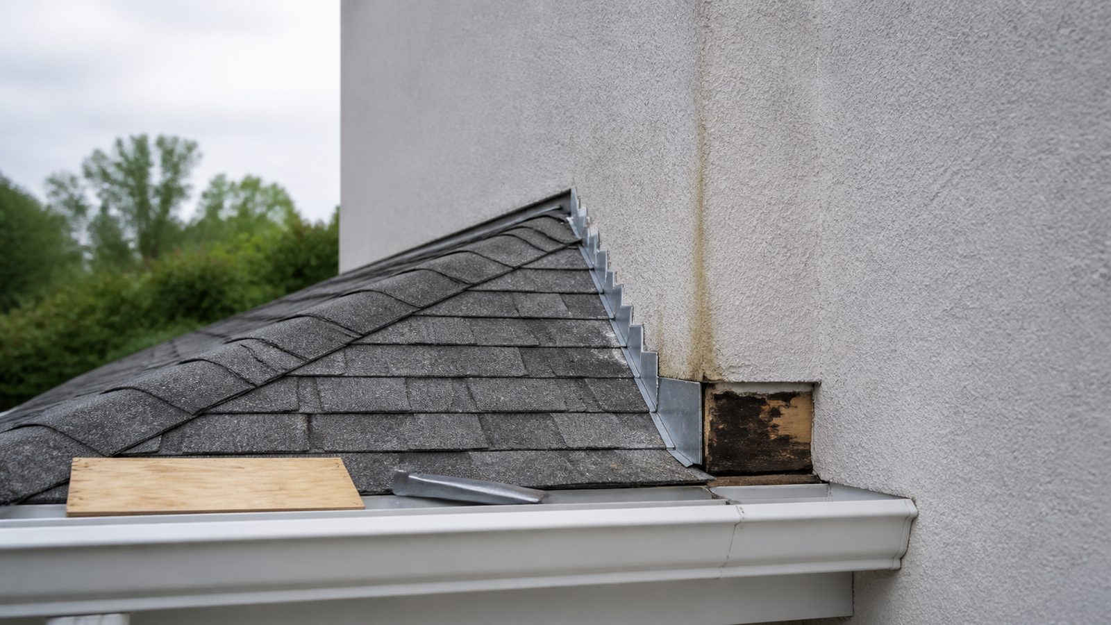 Florida shingle roof meeting a stucco sidewall where kickout flashing is missing