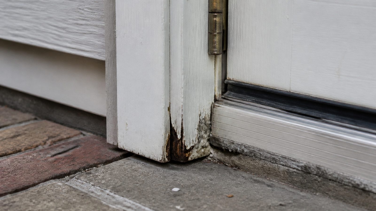 Localized moisture-softened wood at the lower corner of an exterior door jamb