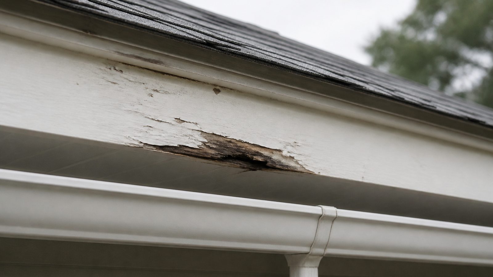 Localized rotten fascia wood behind an intact gutter edge and shingle roofline
