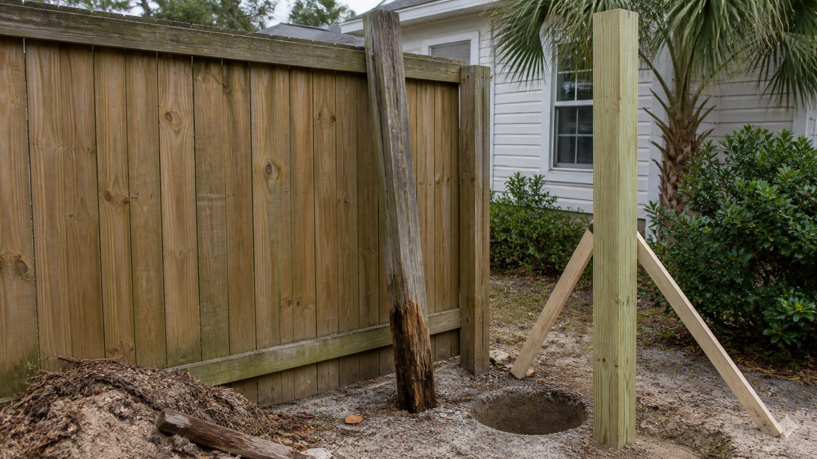 Weathered fence post with decay at grade beside a braced replacement post and footing excavation