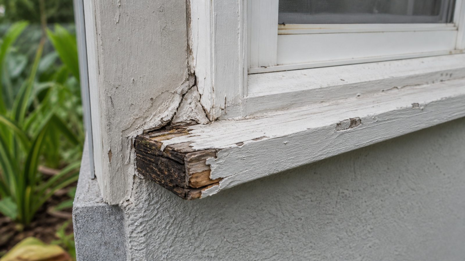 Window sill with localized moisture-softened wood and an open lower caulk joint