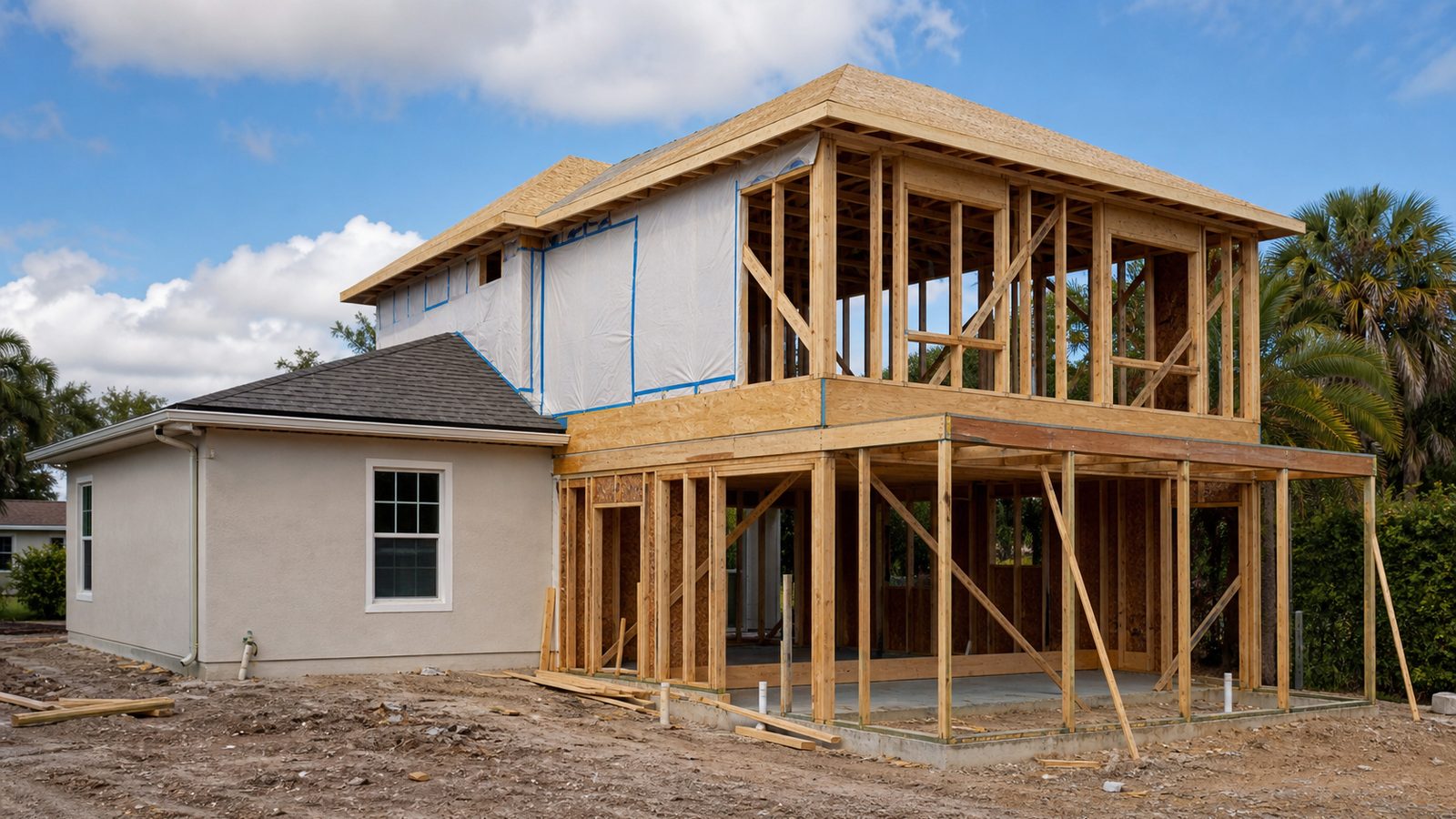 Second-story addition framing tied into an existing house with aligned wall framing, roof connection, temporary weather protection, and organized work area