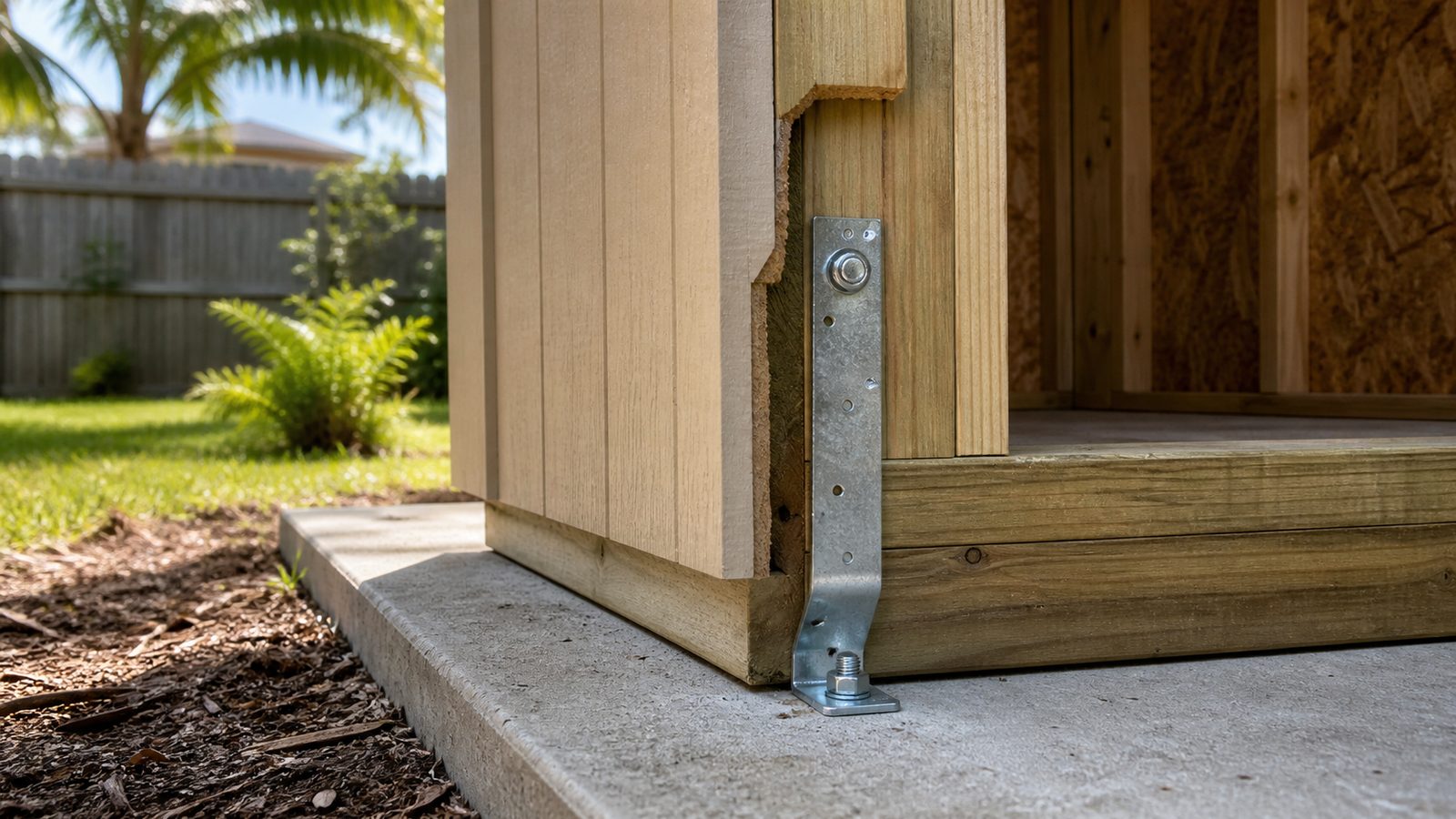 Galvanized hurricane anchor bracket connecting a wood storage shed corner to a concrete slab