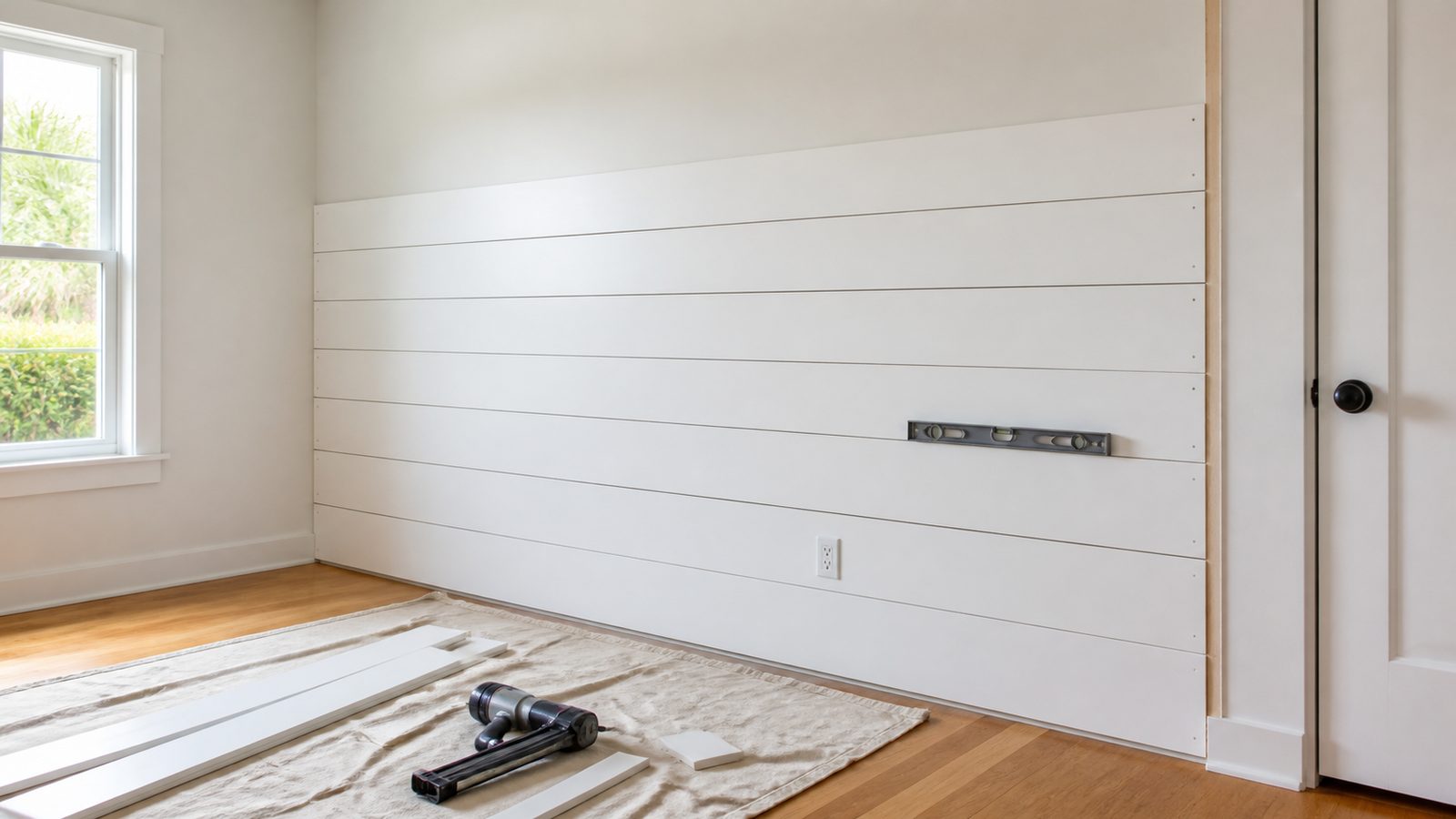 White horizontal shiplap wall with even board gaps, level, and neatly staged trim materials