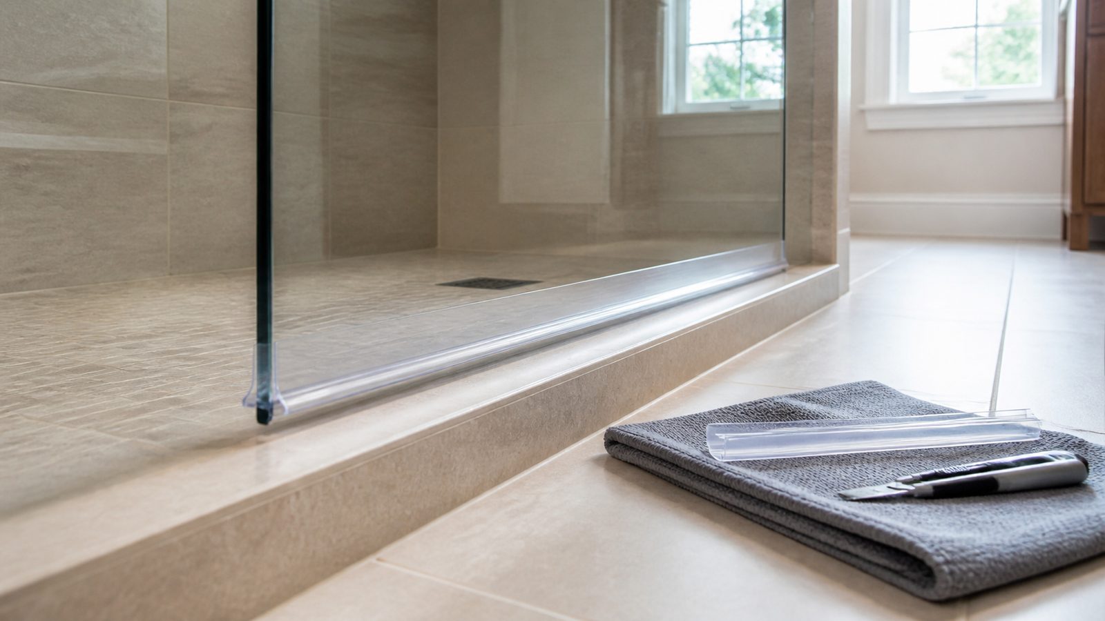 Clear shower-door bottom sweep aligned above a tile threshold