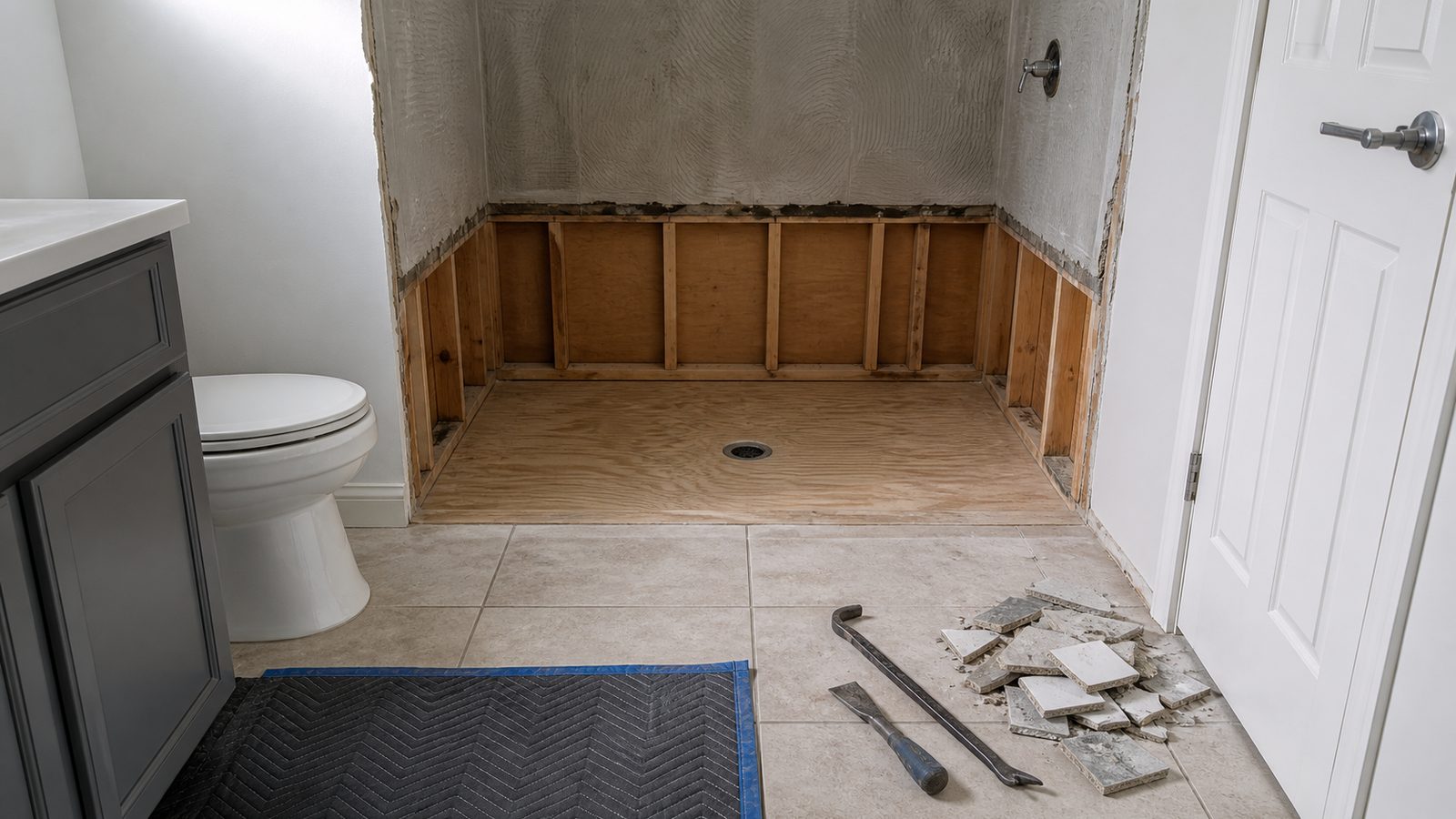Opened shower alcove with exposed plywood subfloor and drain after pan demolition