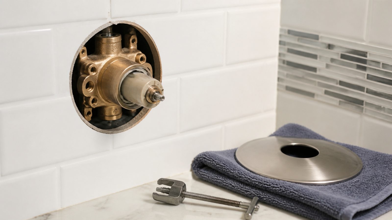Shower valve cartridge accessible through a clean tiled trim opening with puller tool staged nearby