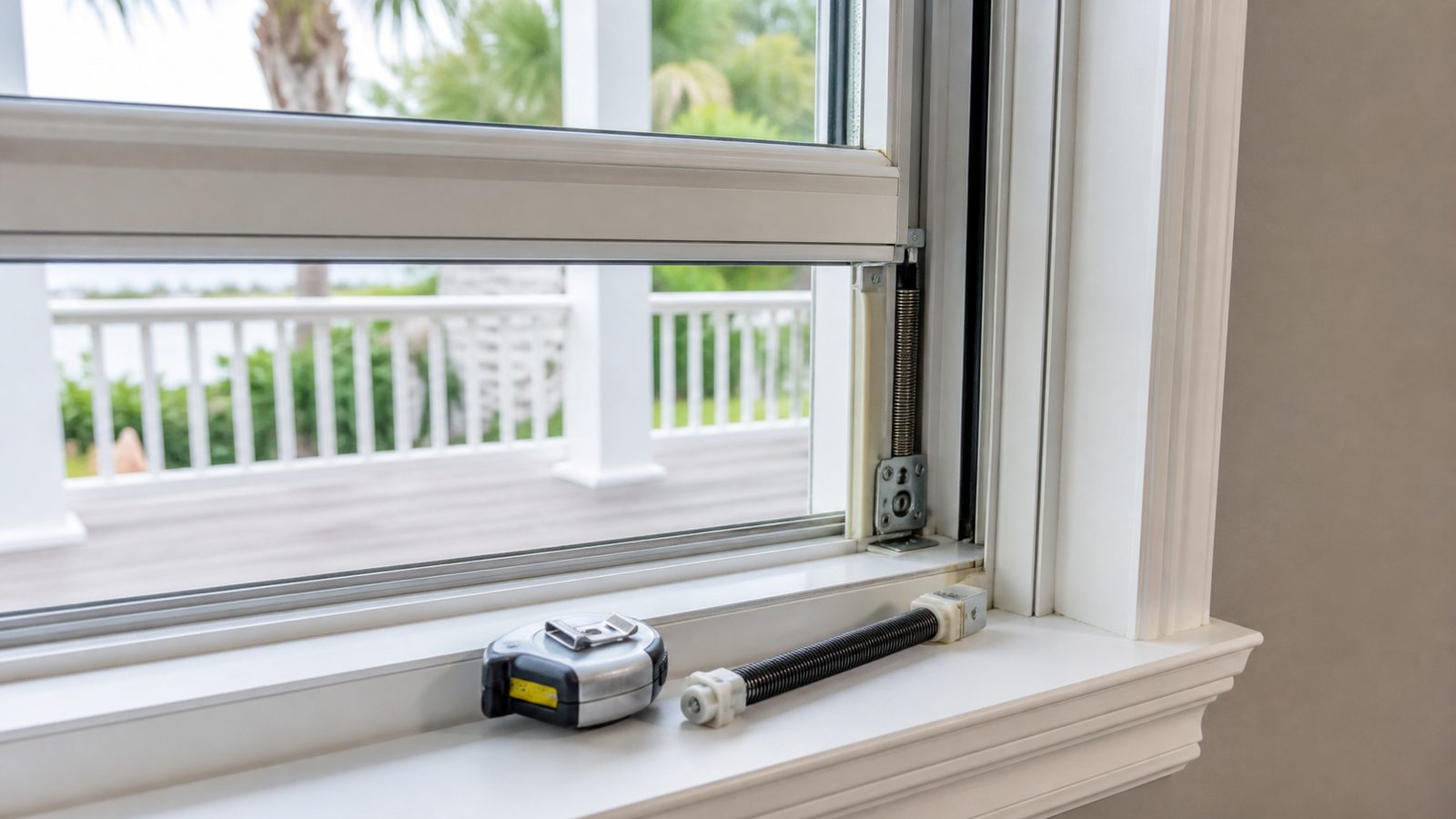 Raised single-hung window sash exposing a coil balance and jamb channel