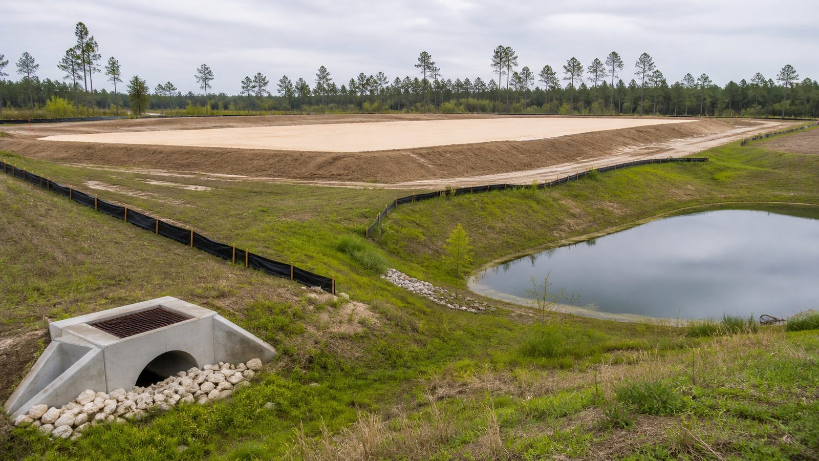 Prepared Florida commercial building pad beside a swale, culvert, and stormwater basin