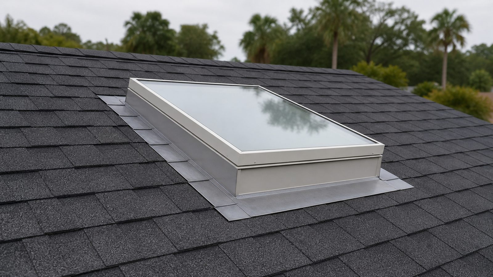 Finished layered flashing integrated with shingles around a curb-mounted skylight