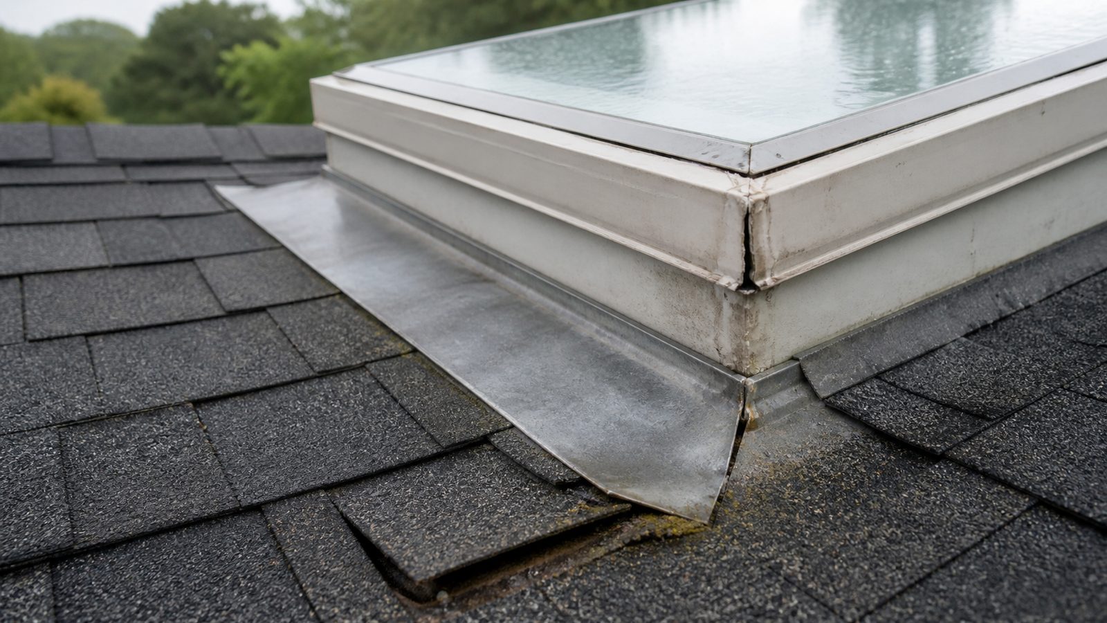 Localized split seal at a skylight flashing corner on a shingle roof