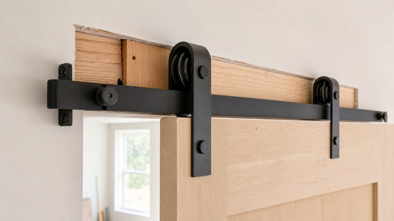 Black sliding barn-door rail and hangers fastened through drywall into blocking