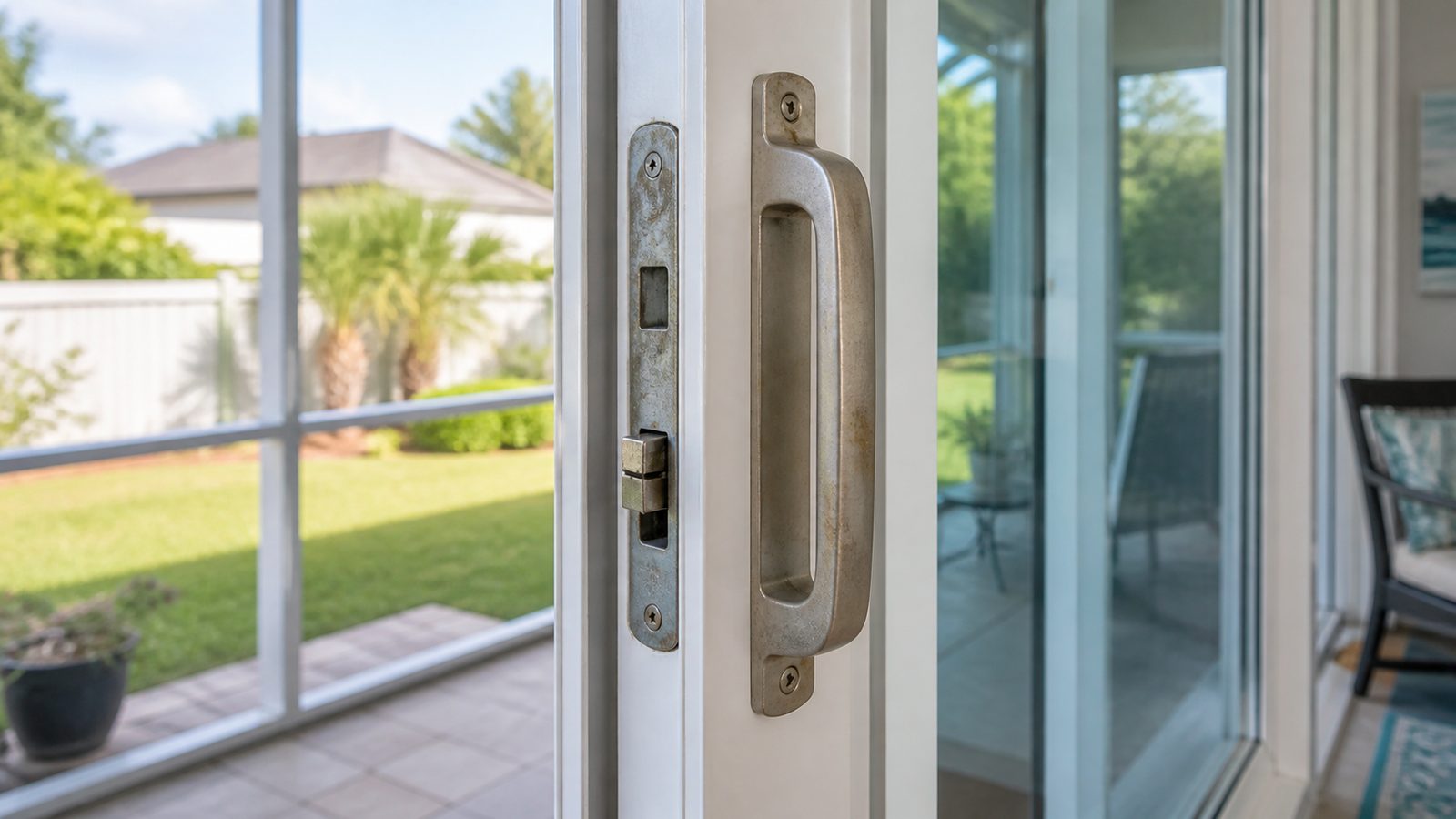 Sliding patio-door handle and mortise lock at a Florida porch opening