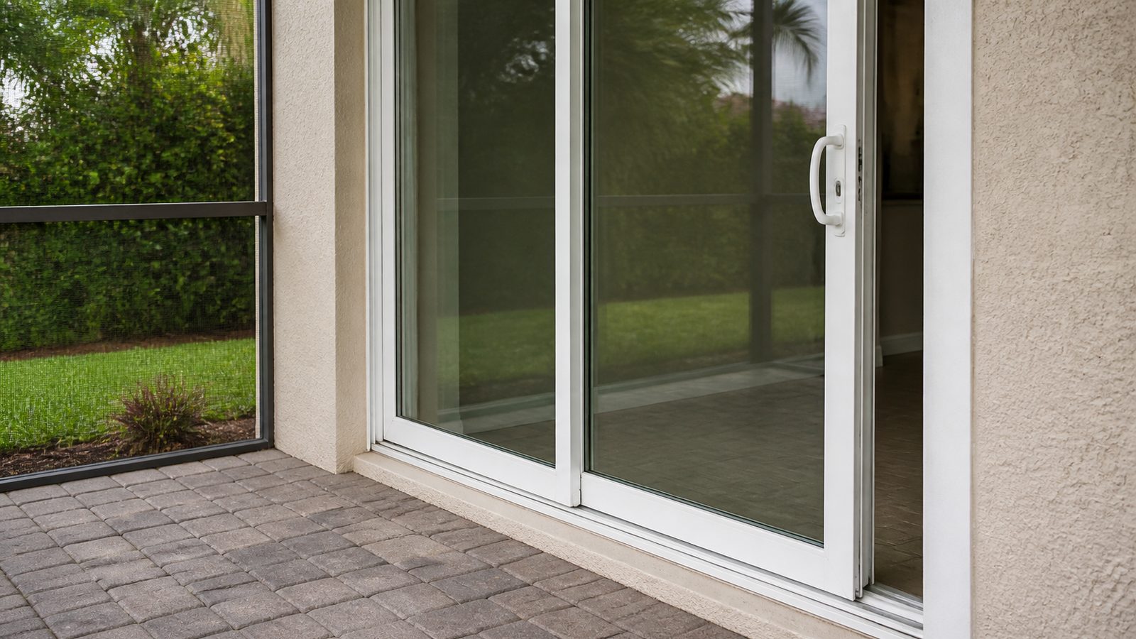 White sliding patio-door opening to a Florida screened porch with pavers