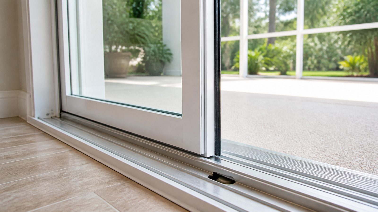 Sliding door threshold track with roller opening, weatherstrip, and drainage path