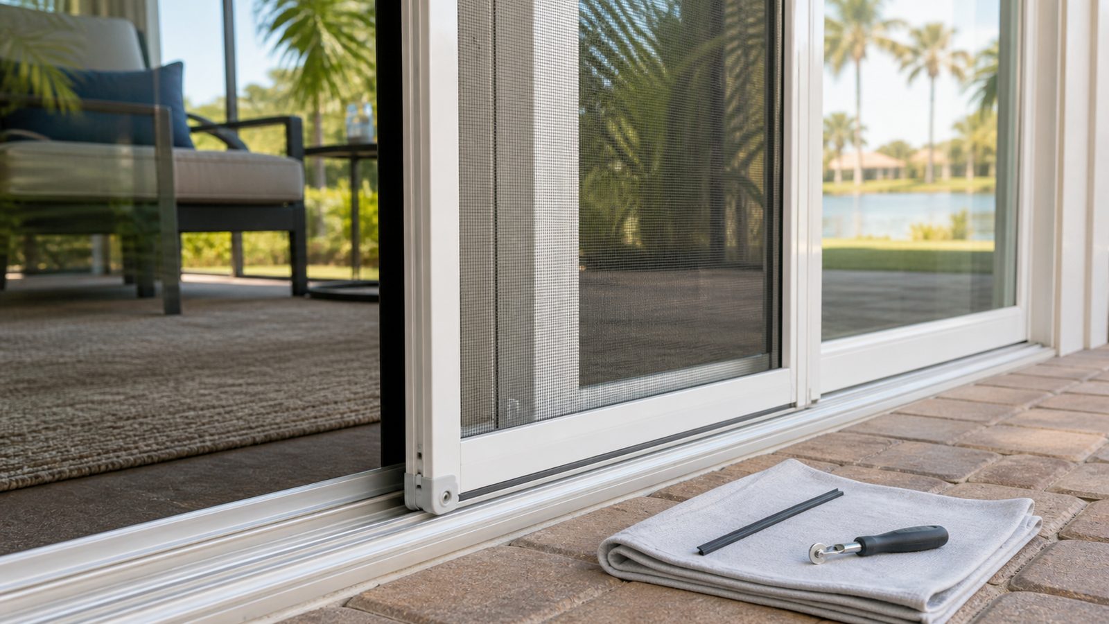 White sliding screen door seated in a track beside a glass patio door