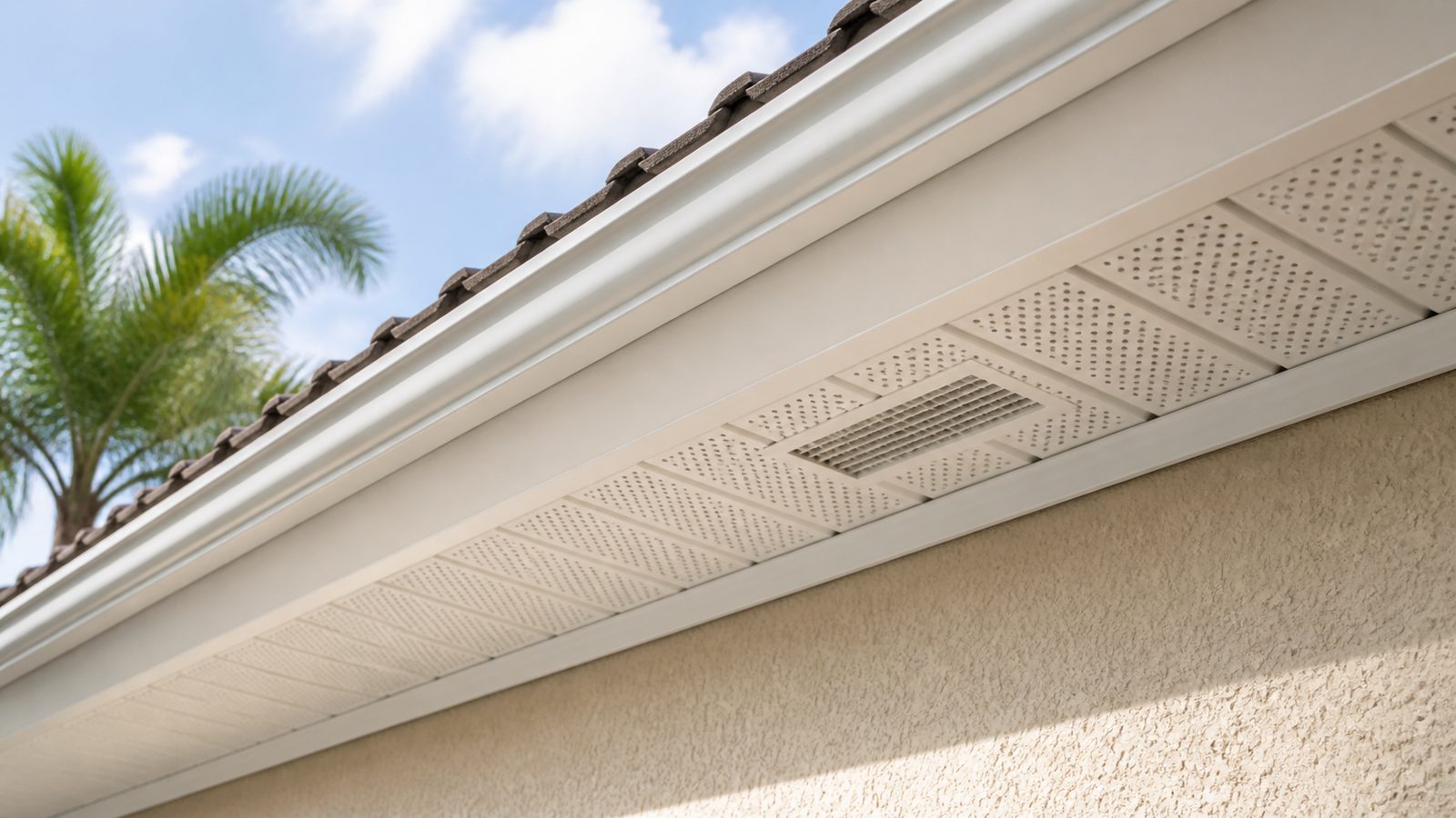 White perforated soffit beneath a finished Florida roof eave