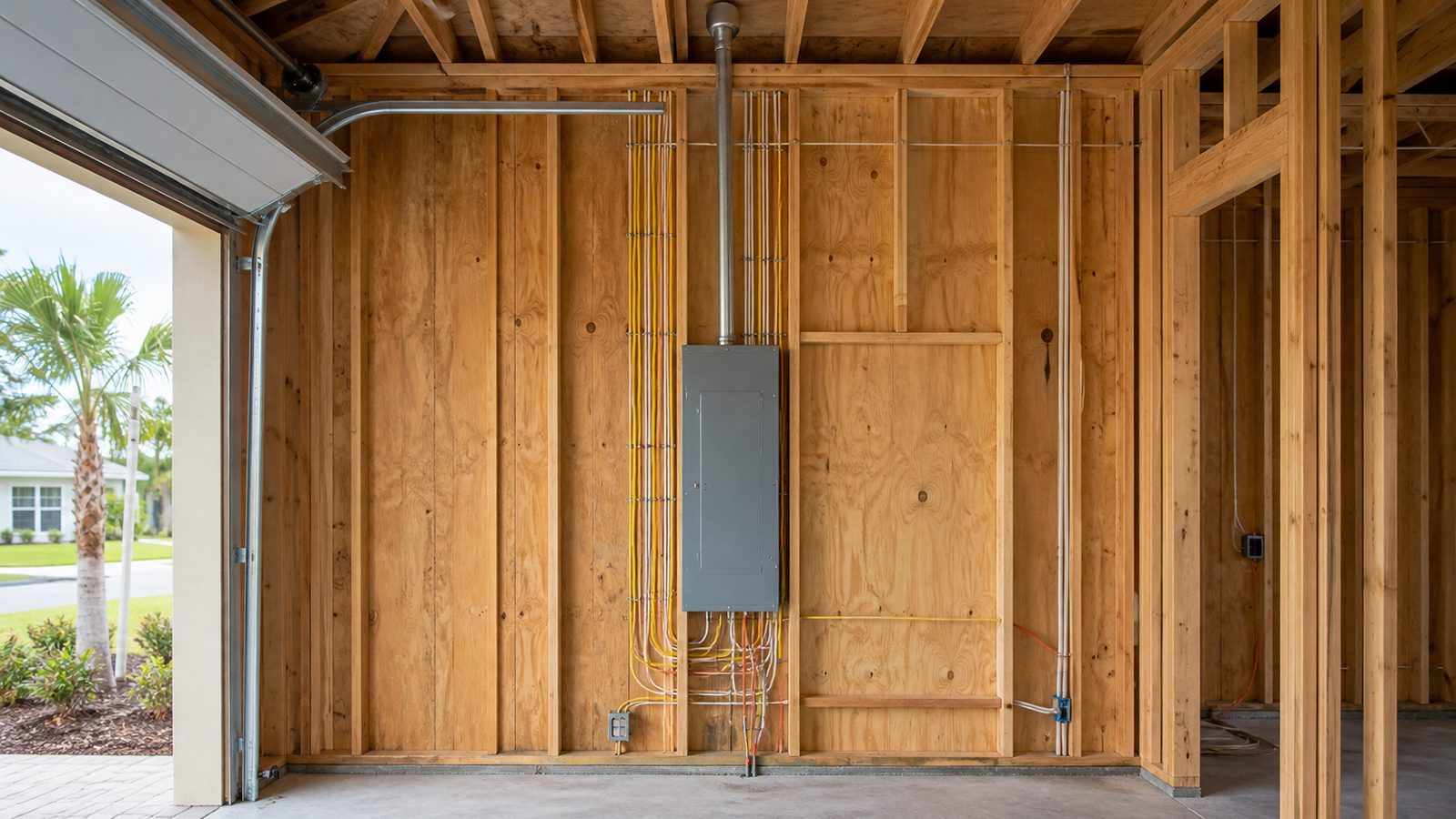 Open garage wall with electrical panel, organized wiring, and roof-to-panel conduit