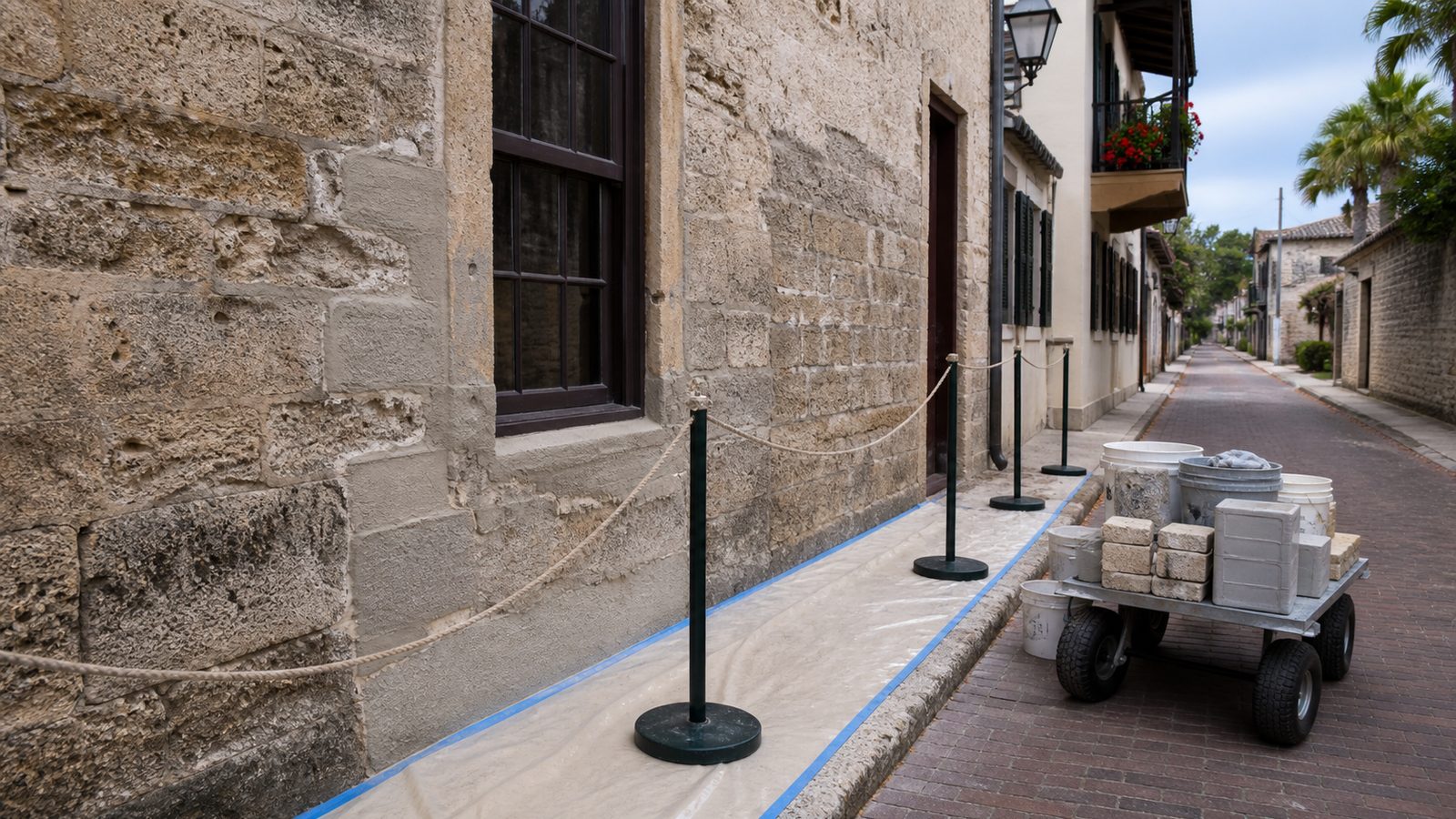 Historic coquina masonry restoration on a narrow protected work route with contained access
