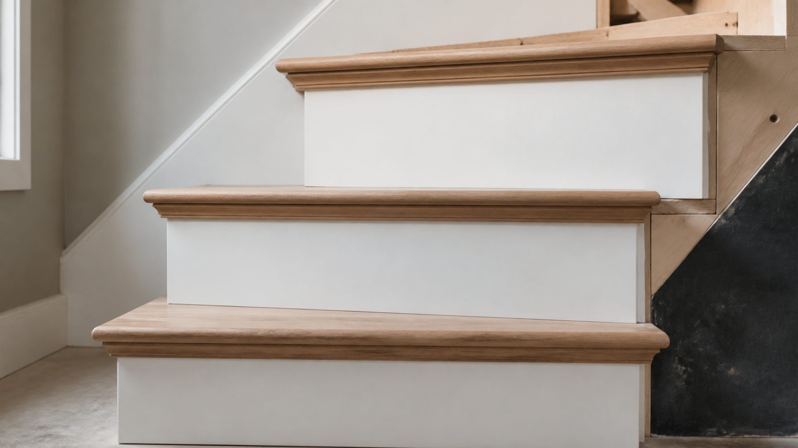 Top transition riser visibly taller than the two interior stair risers below it