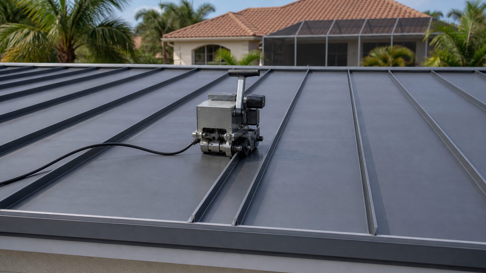 Compact mechanical power seamer aligned on a raised charcoal standing-seam roof rib